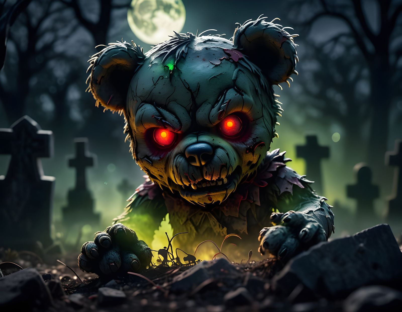 Rotten Zombie Teddy Bear Emerges from Gothic Cemetery