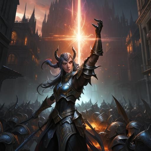 tiefling conquest paladin in dark armor, wielding a spear an...