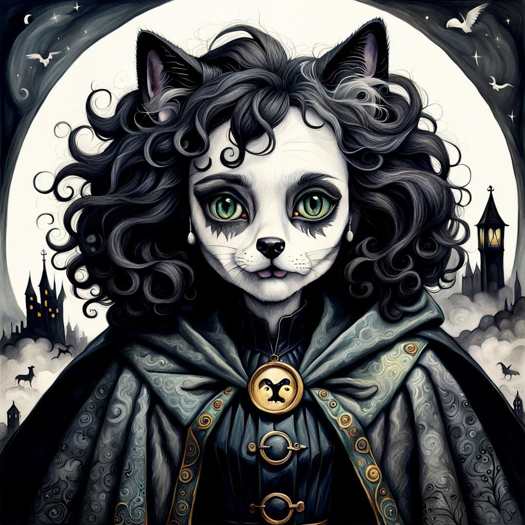 Surreal Dog and Cat in Cape, Charcoal Art