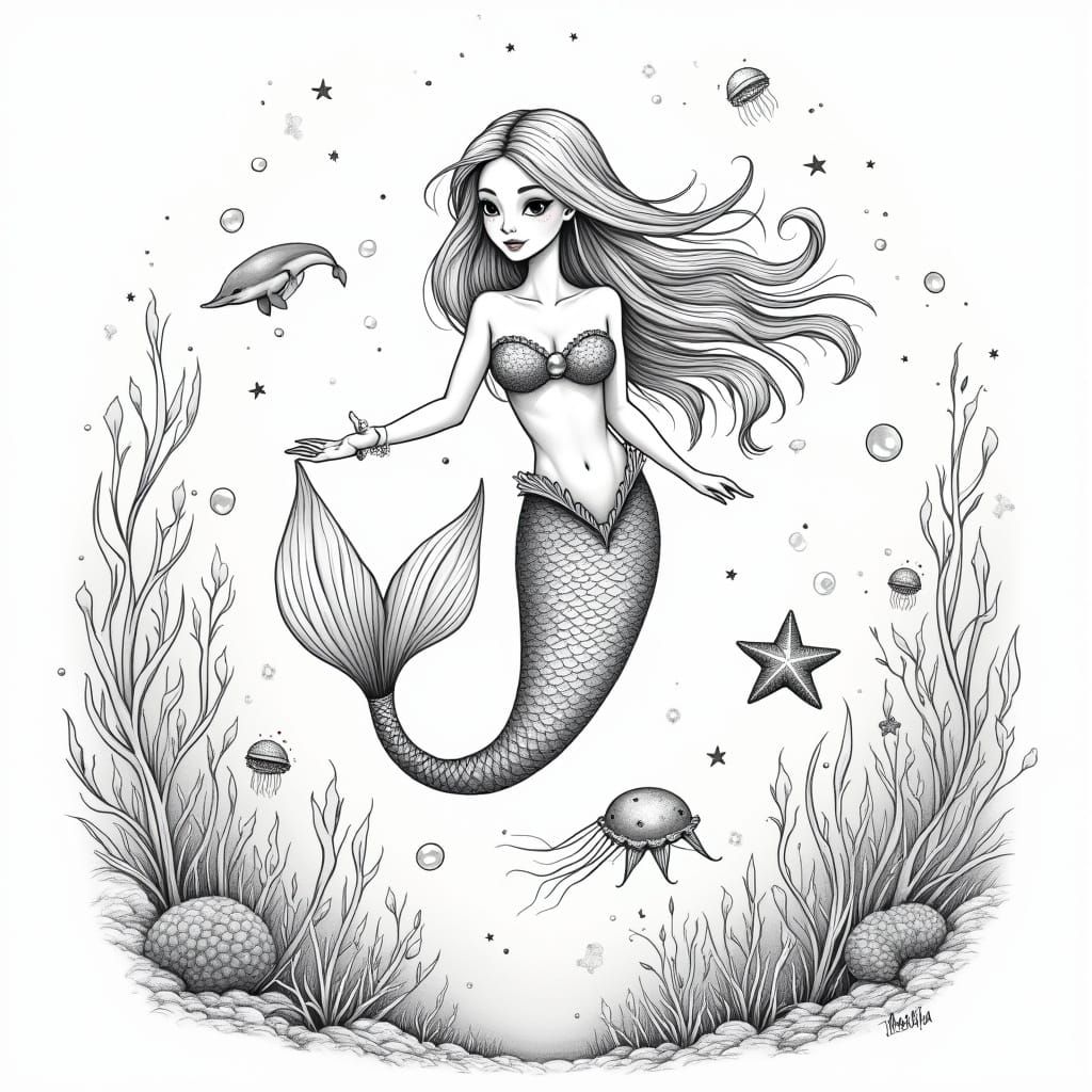 Underwater Mermaid in Delicate Line Art Style