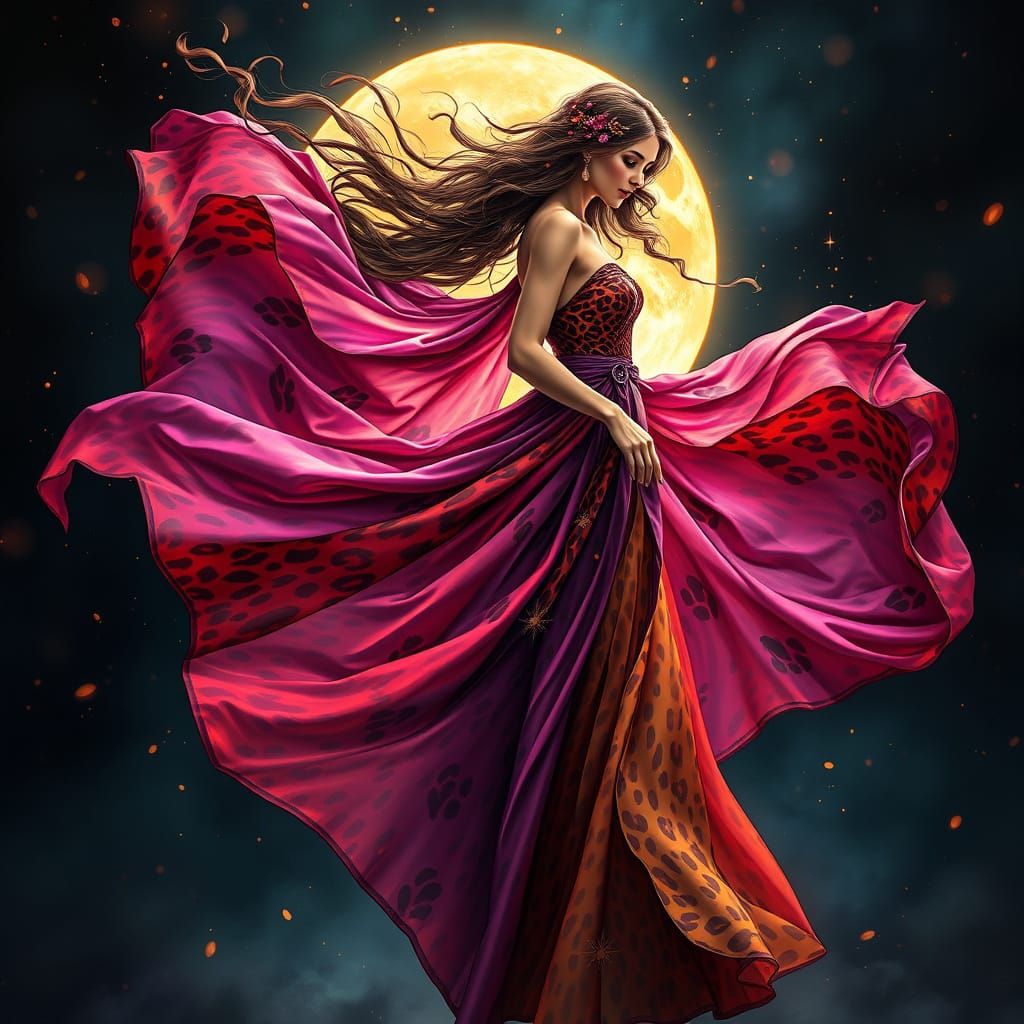 Elegant Woman in Flowing Dress with Leopard Design