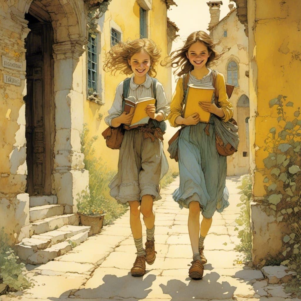 Teenage Girls Laughing in School Hallway as Pastel Art