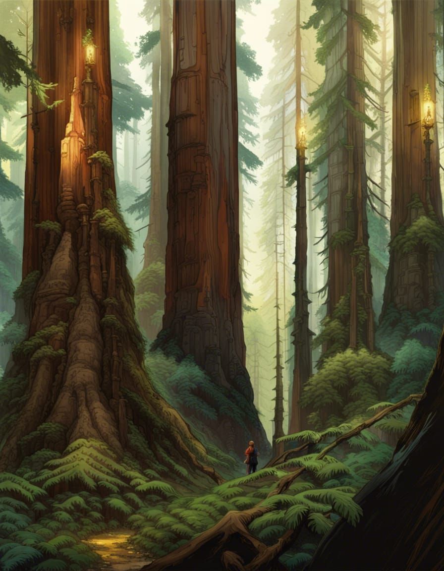 Redwood Forest Walk: A Hyperdetailed Fantasy Masterpiece
