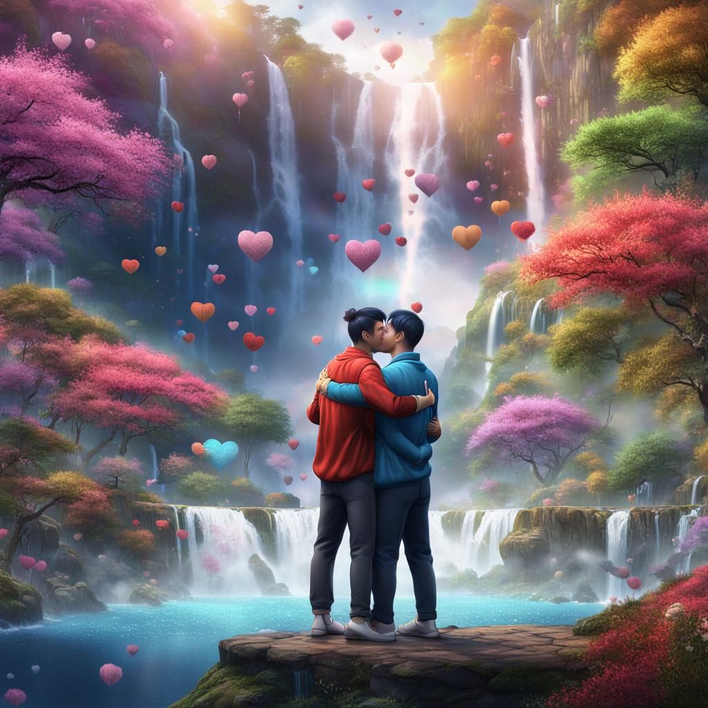 Romantic Asian Men Kissing with Rainbow Waterfall