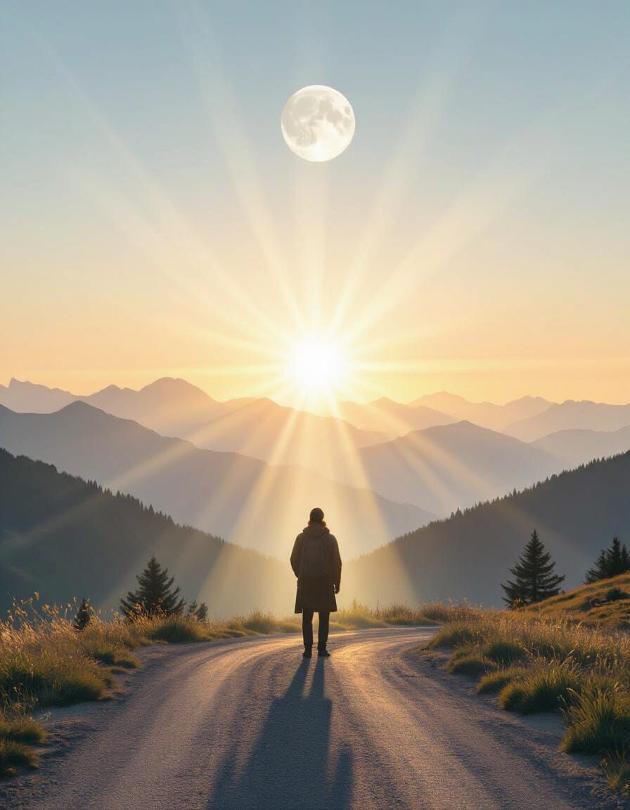 Divine Mountain Path Dawn: Traveler Guided by Heavenly Light