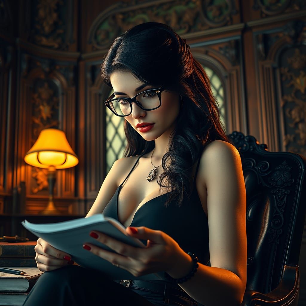 Elegant Woman Studies in Gothic Office