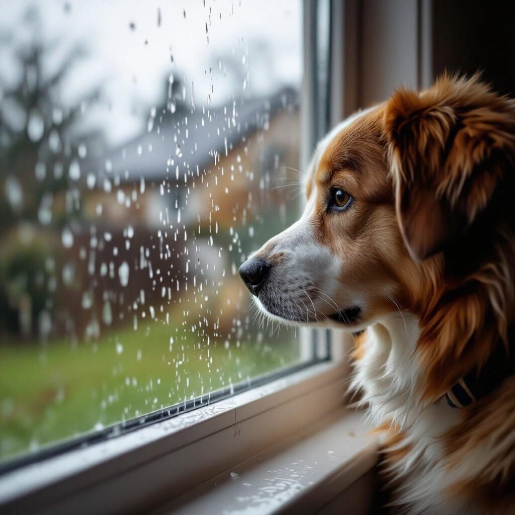 Glistening Raindrop on Dog's Head: Window View