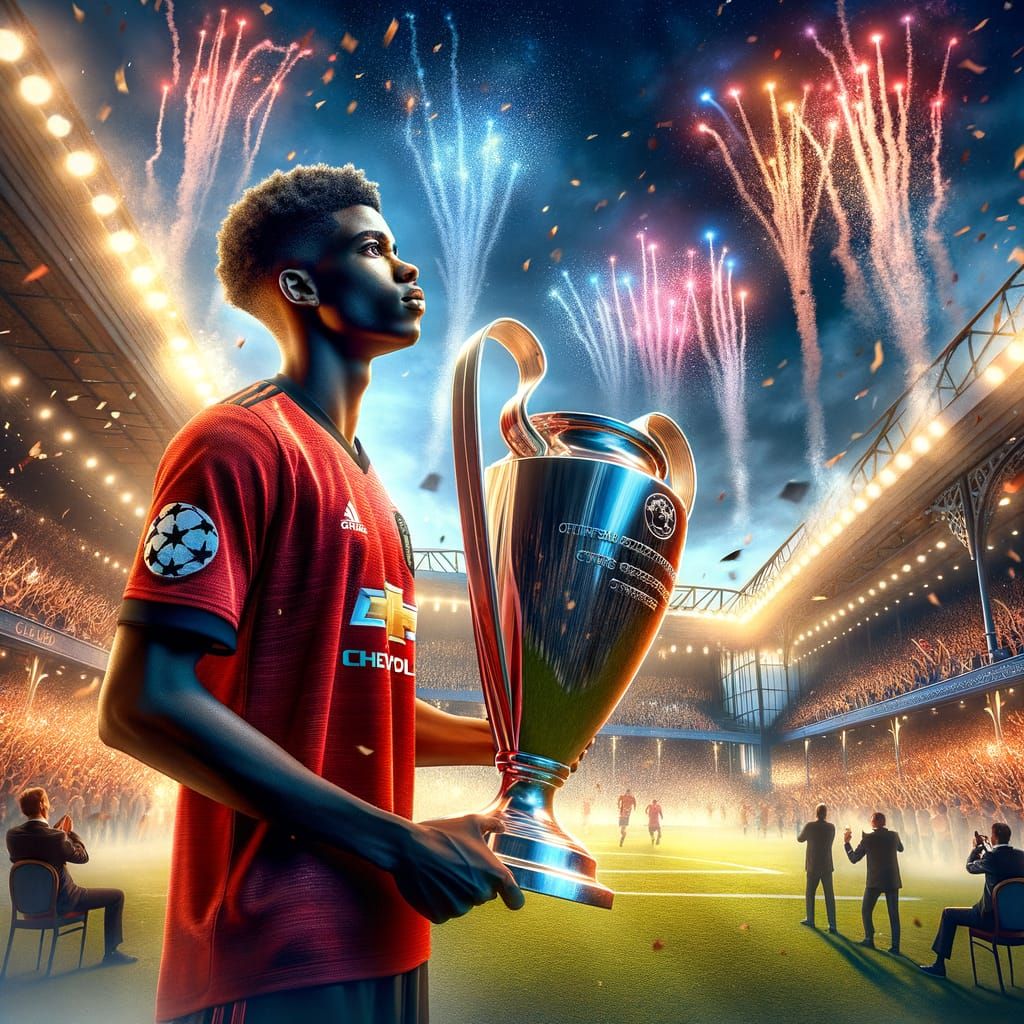 Soccer Player Lifts Championship Trophy in Hyperrealistic Sp...