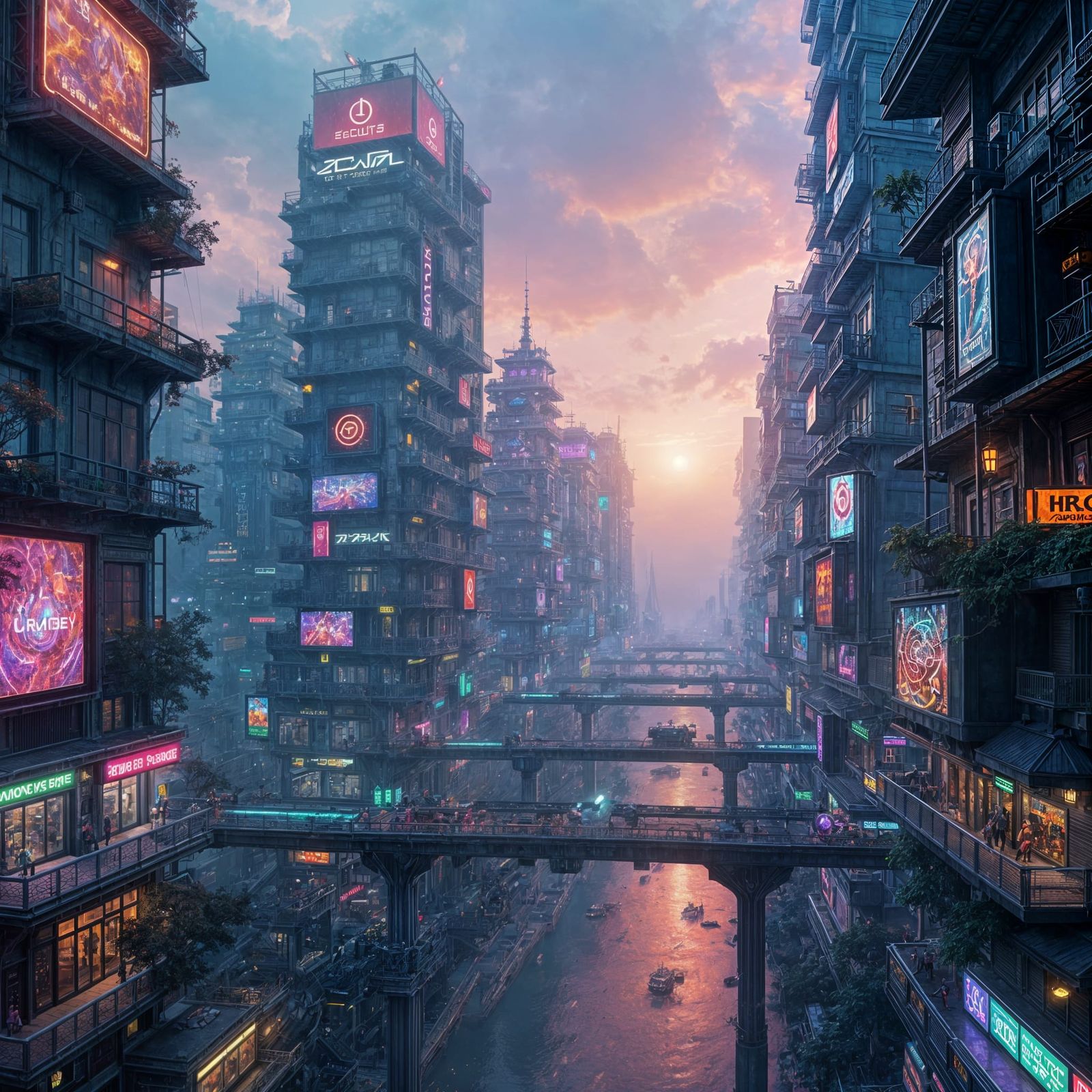 Psychedelic Cyber City at Night in Detailed Digital Art