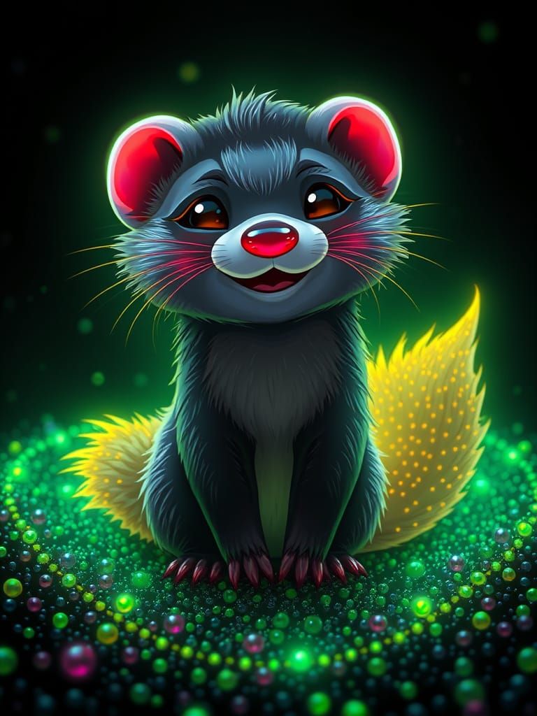 Friendly Anime Ferret with Neon Fractal Border