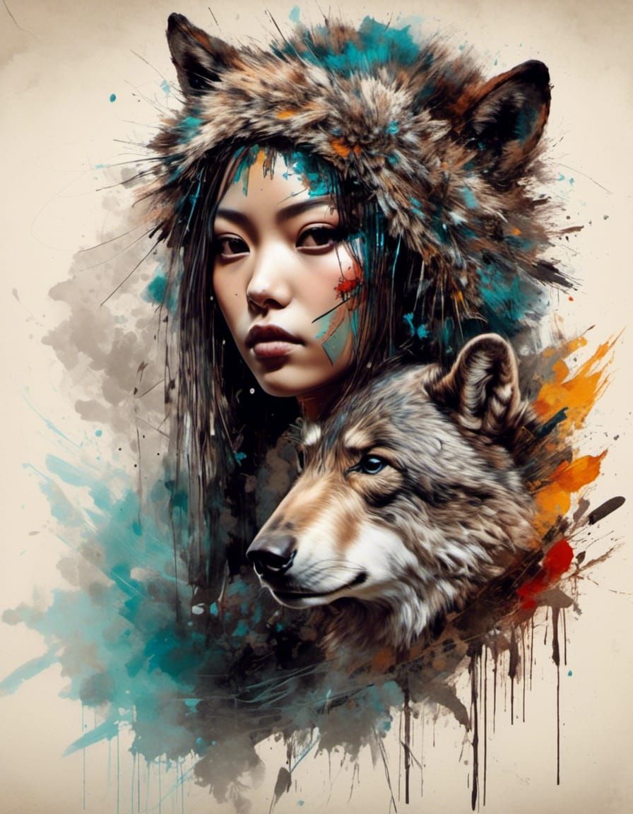 Iroquois Wise Wolf Cub Portrait in Dramatic Style