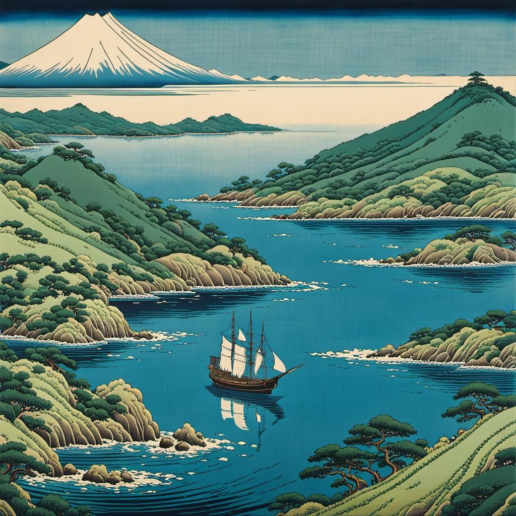 Deshima Island Ships in Ukiyo-e Woodblock Print