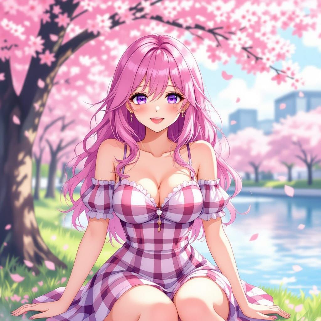 Pink Haired Woman Under Cherry Blossoms In Watercolor Style