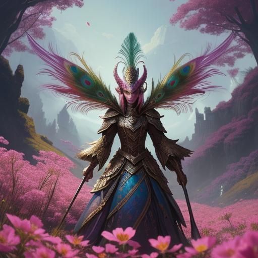 Pink-Skinned Woman with Peacock Feathers, Fantasy Art