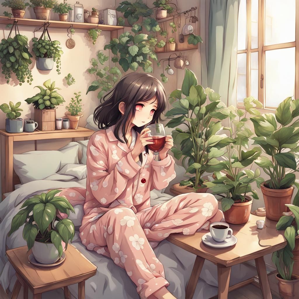 Anime Woman Relaxing at Home with Plants