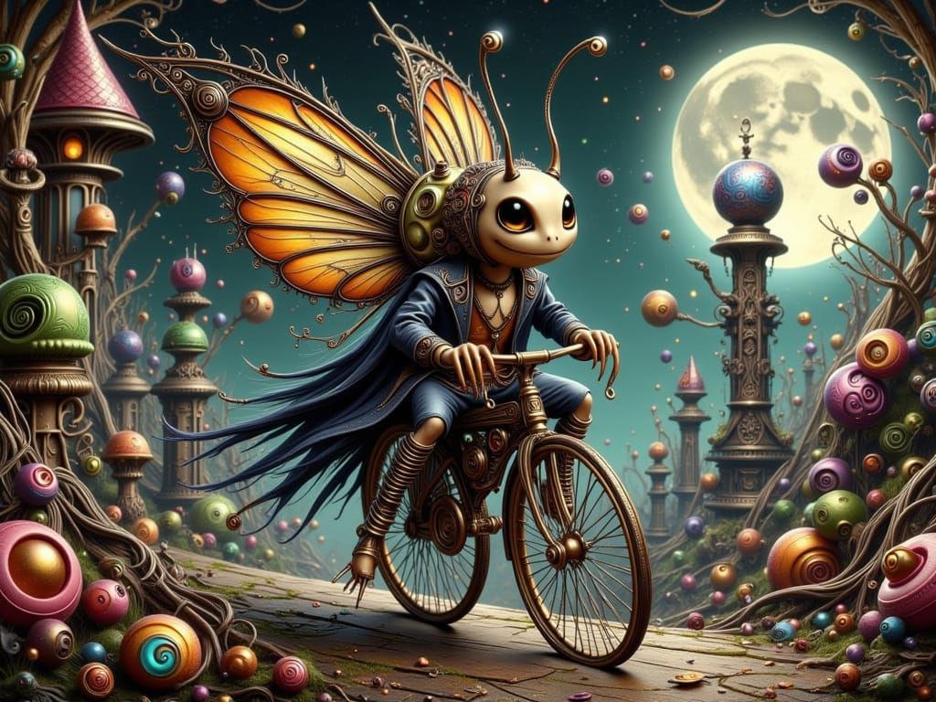 Surreal Steampunk Fairies Ride Bicycles in Whimsical Landsca...