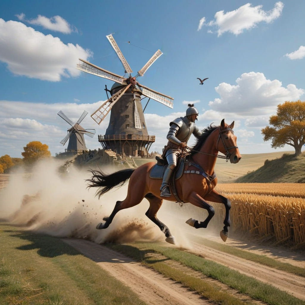 Don Quixote Attacks Windmill in Hyperrealistic Photo