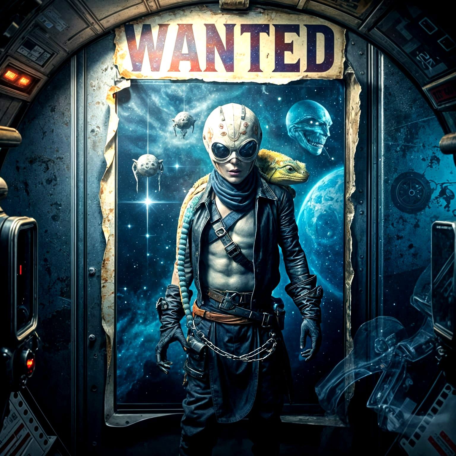 Cosmic Alien Pirate Wanted Poster in Spaceship