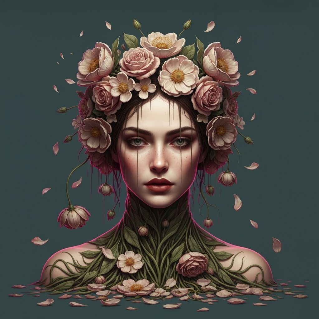Somber Beauty: Woman Emerging from Decaying Flowers