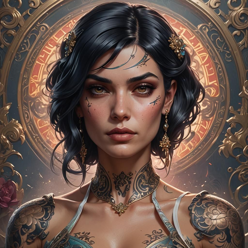 Tattooed Mafia Princess Portrait in Hyperdetailed Style