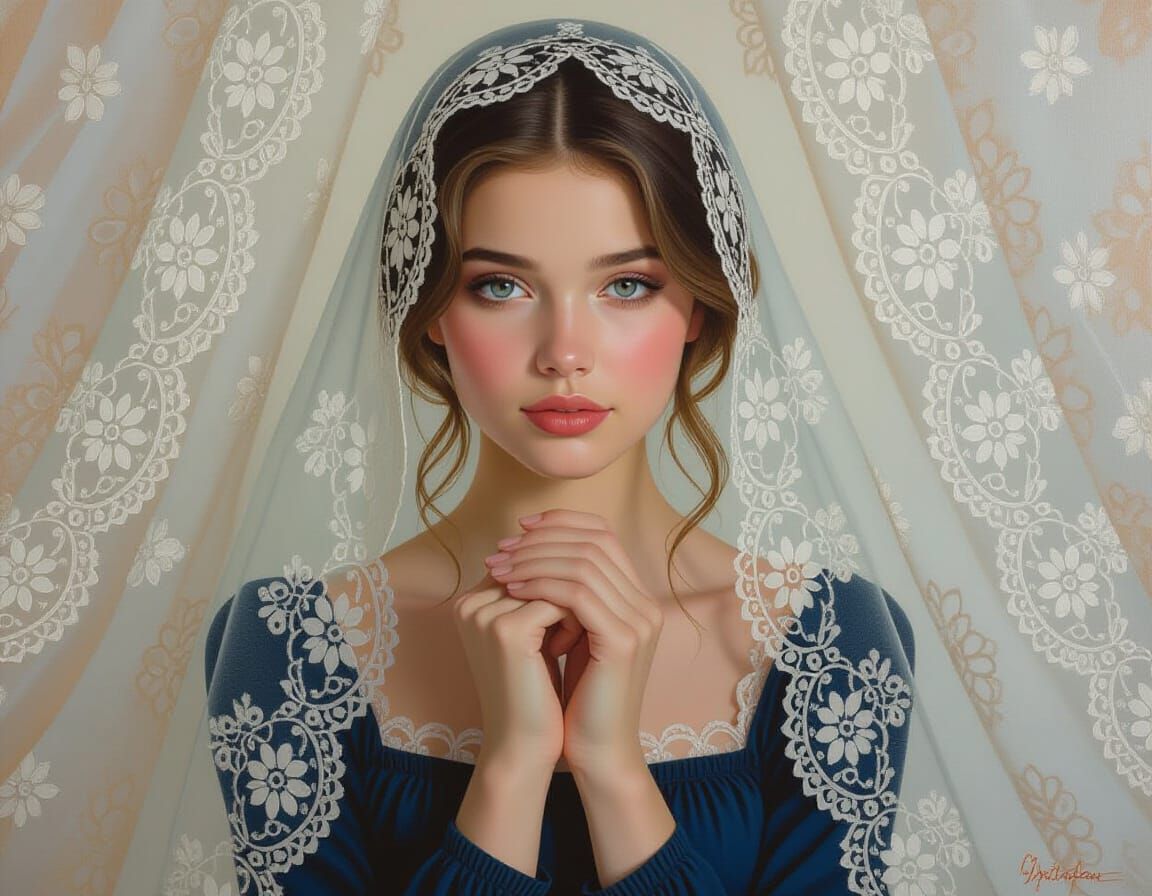 Young Woman Veiled in Lace, Serene Portrait Painting