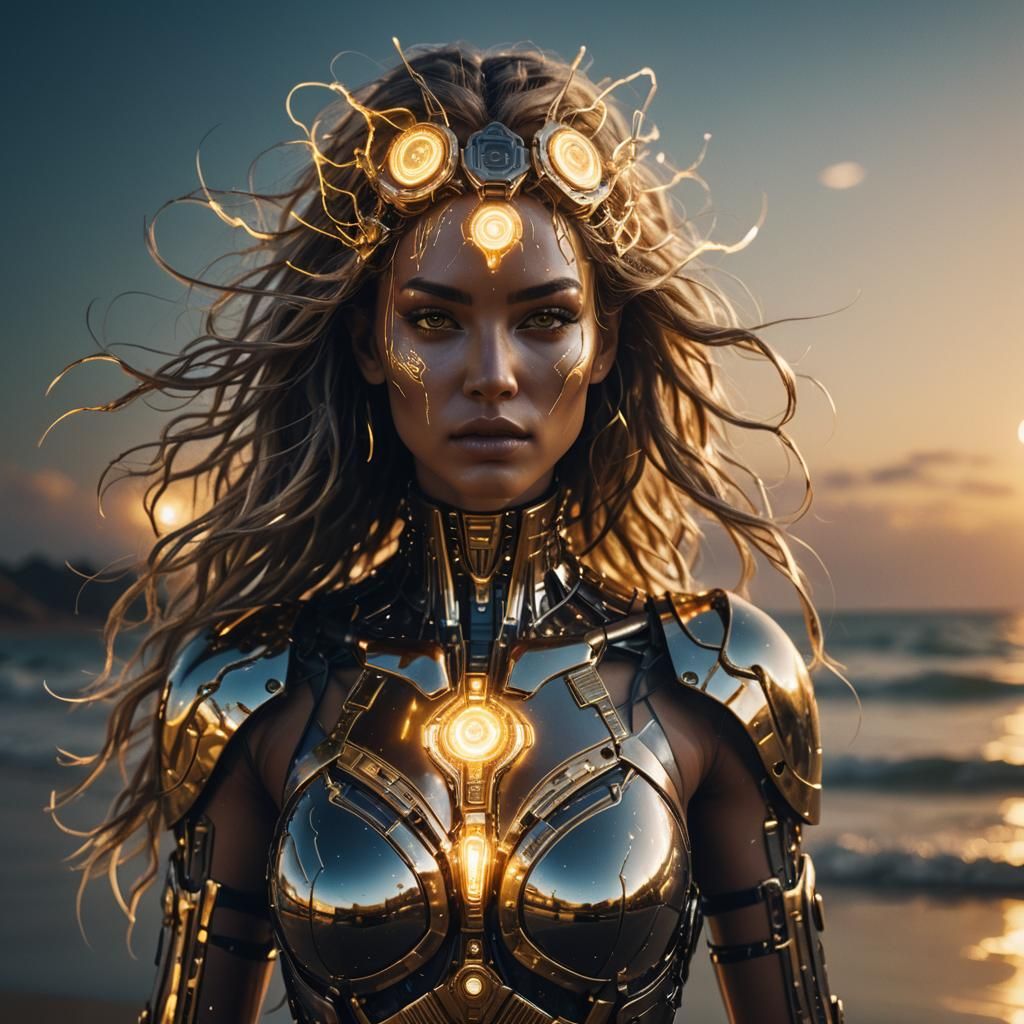 Cyberpunk Liquid Metal Goddess on Futuristic Beach