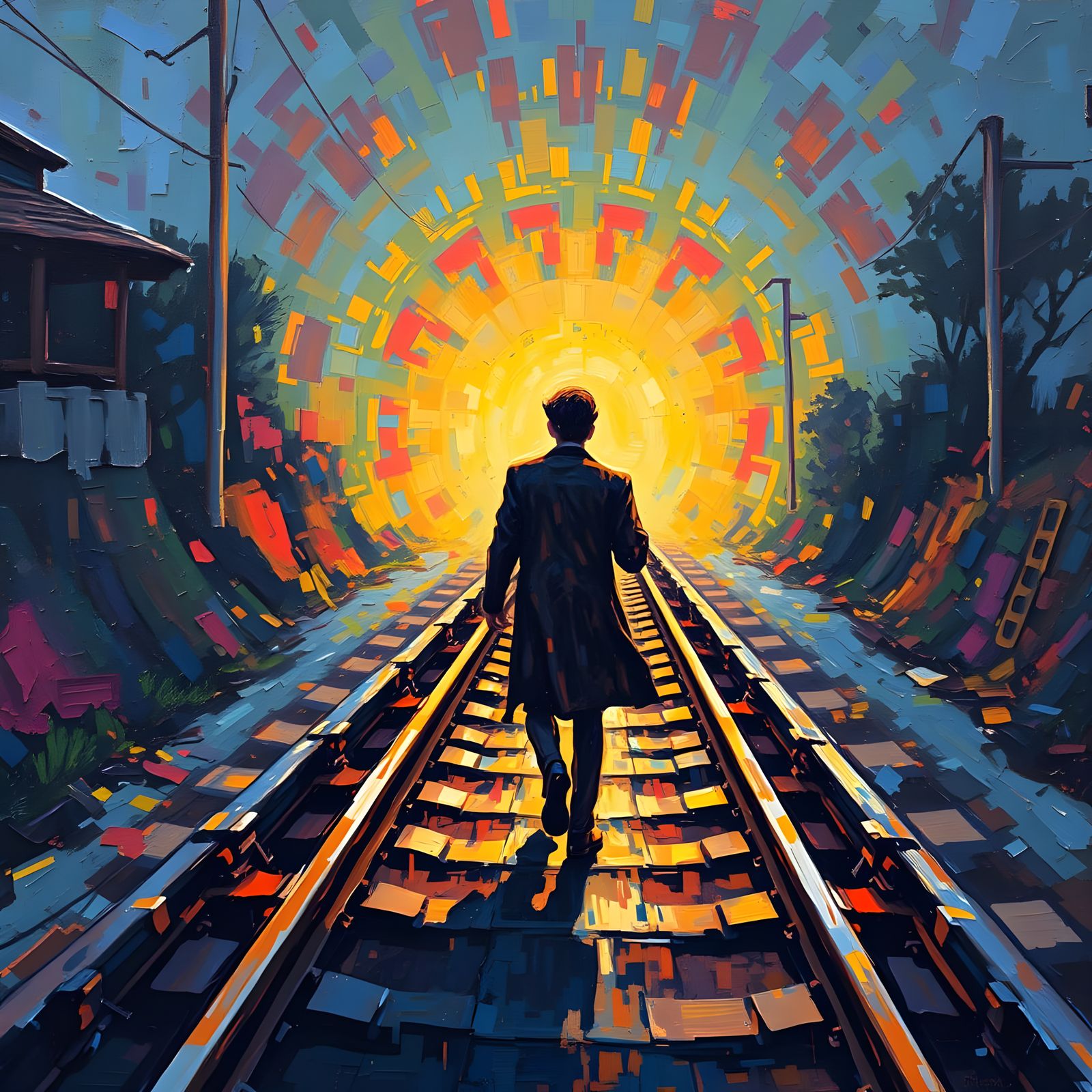 Neo-Impressionist Oil Painting of a Person on Train Tracks