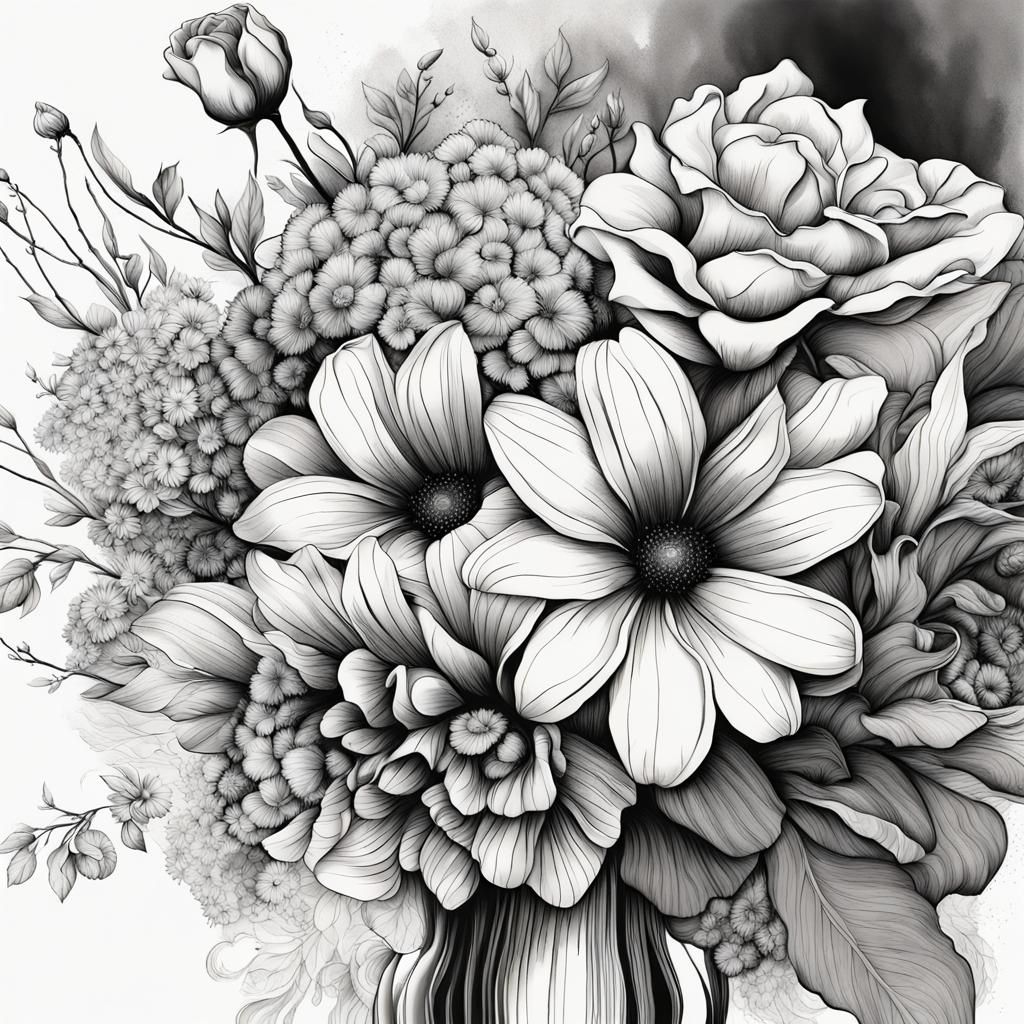 Detailed Ink Drawing of a Flower Bouquet