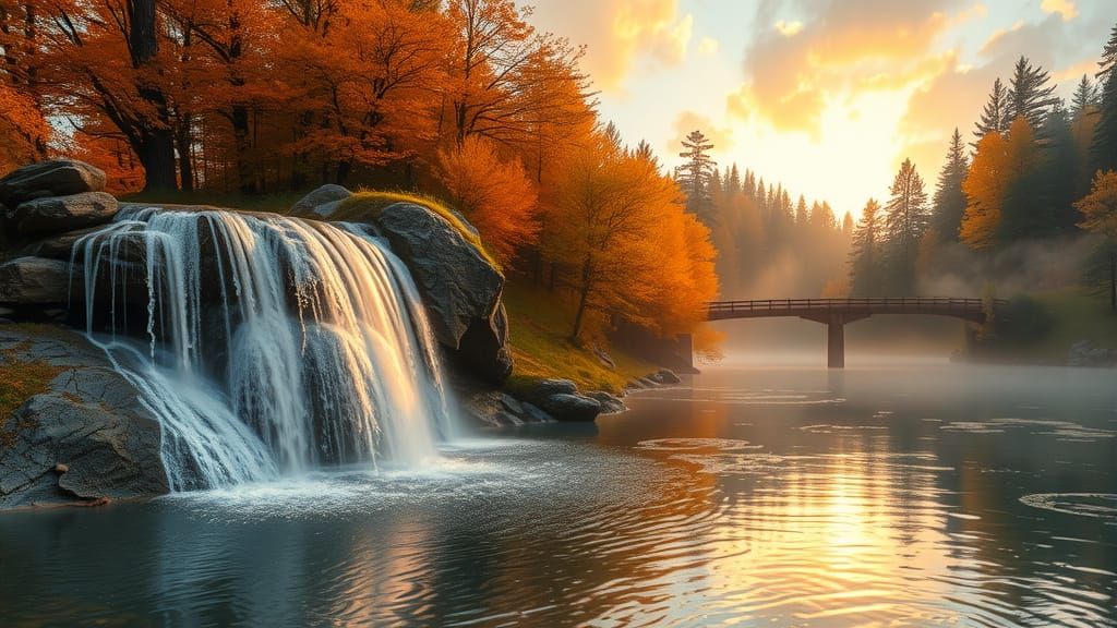 Autumnal Waterfall Sunset in Dreamy Style