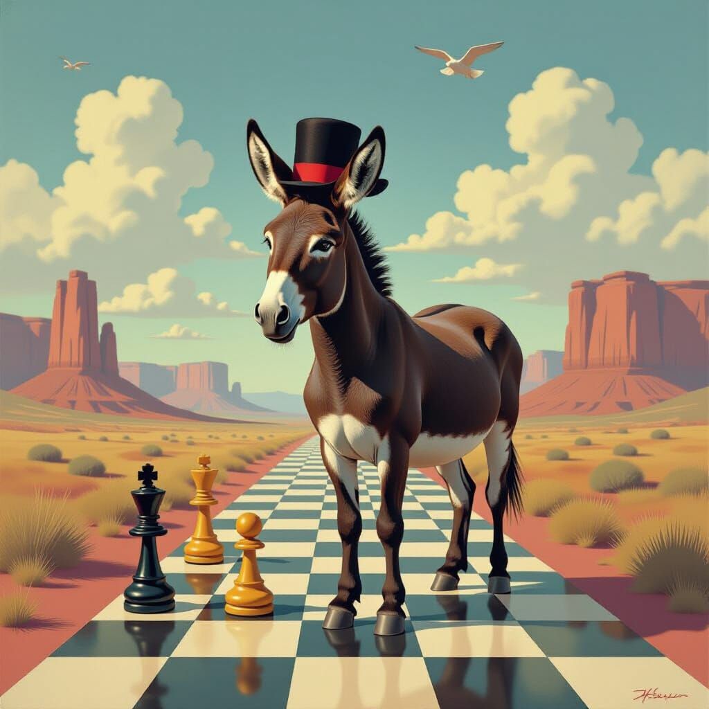 Surreal Donkey on Chessboard in Abstract Landscape