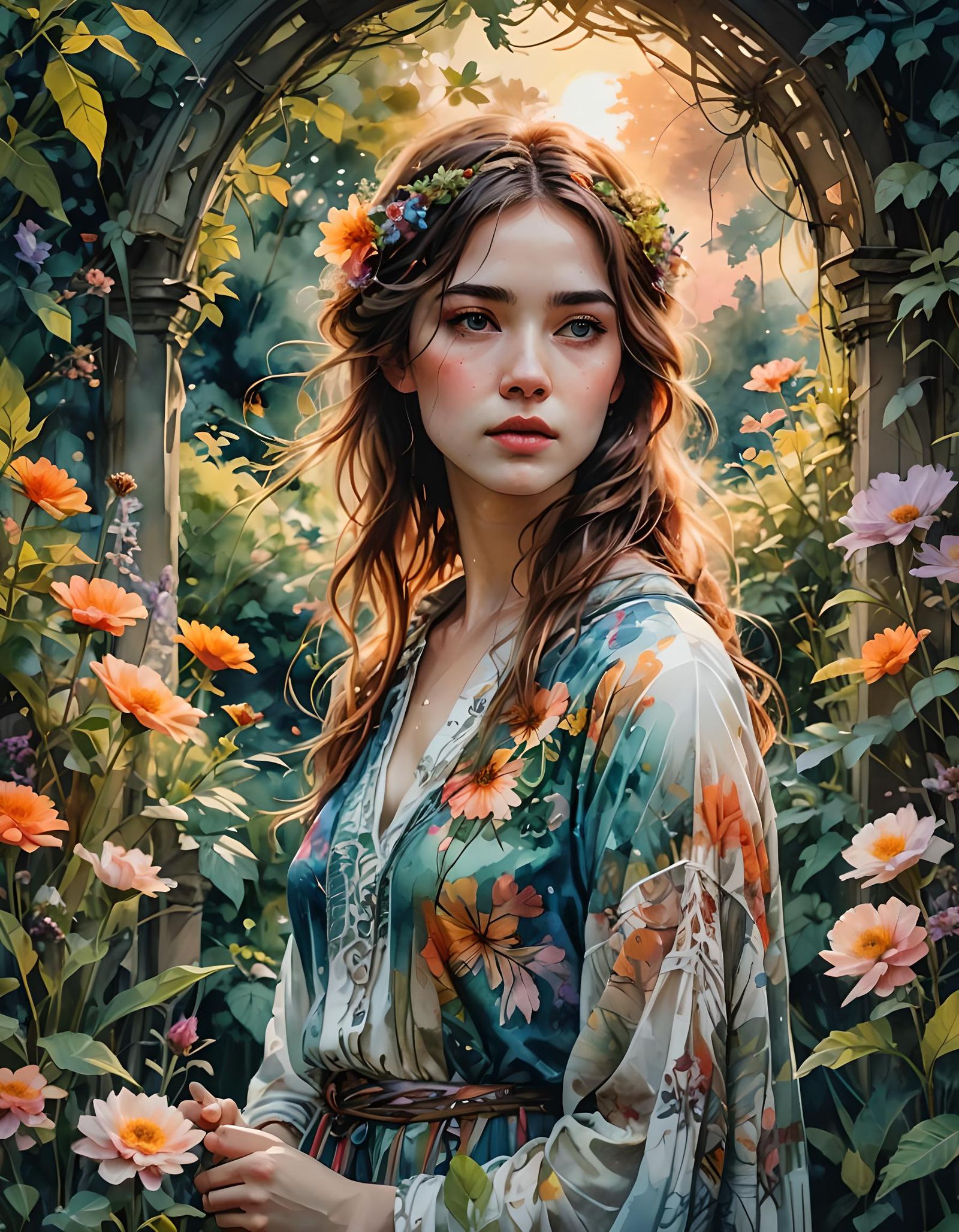 Secret English Garden Watercolor Sunset Portrait