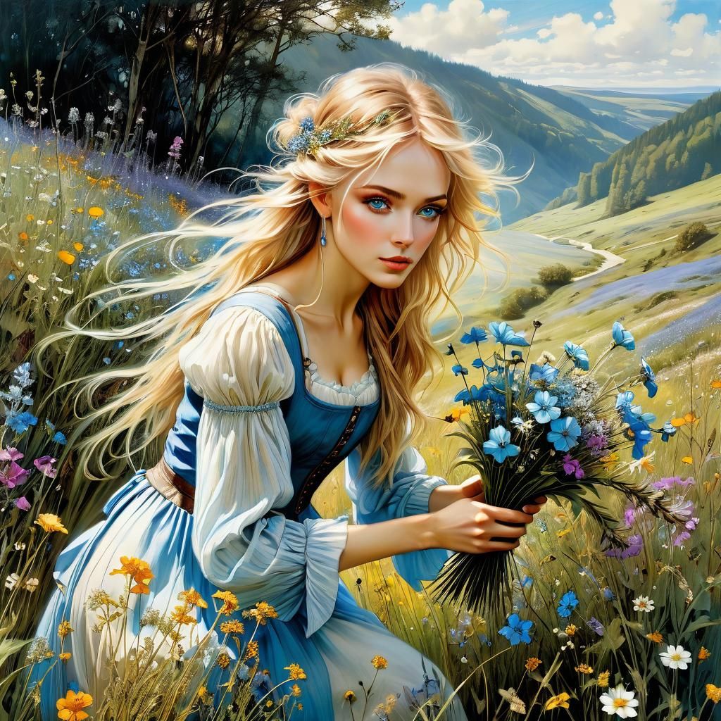 Fairytale Meadow: Woman Picking Wildflowers in Anime Style