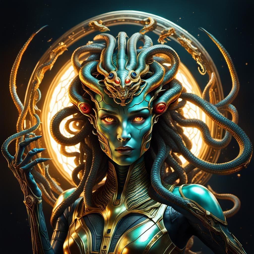 Futuristic Alien Medusa with Mirror in Hyperrealistic Style