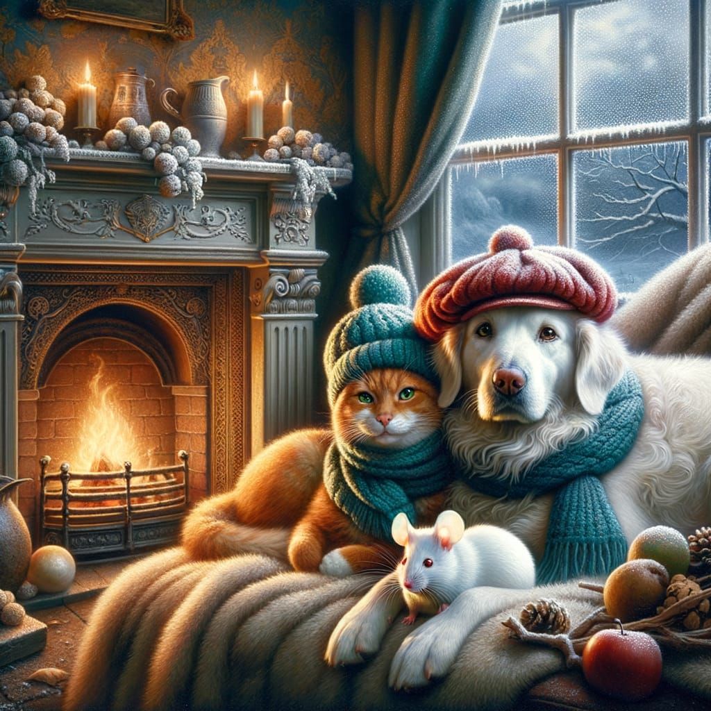 Cozy Animals by Fireplace in Romantic Oil Painting Style