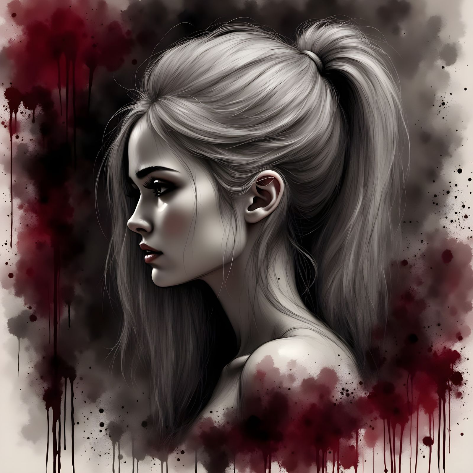 Norse Goddess Charcoal Portrait With Burgundy Ink Drips