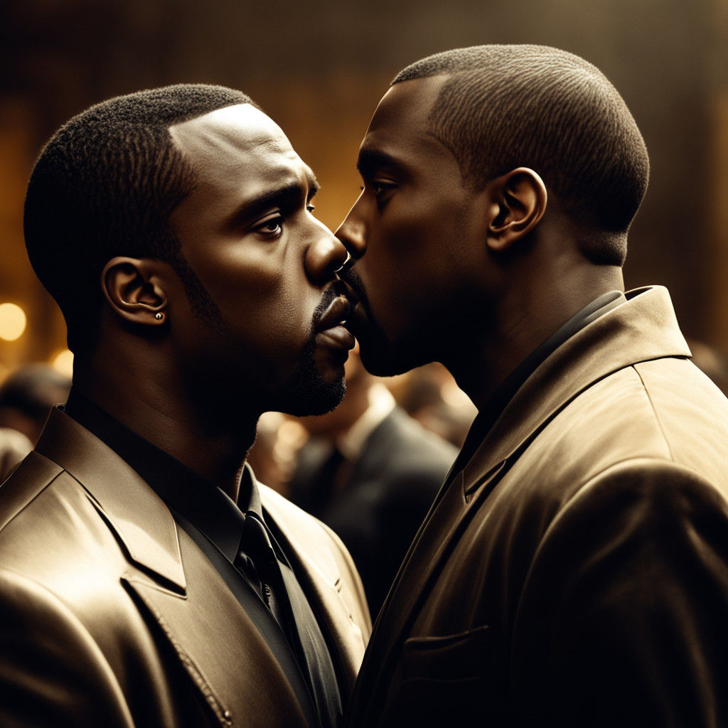 Moody Portrait of Diddy and Kanye in a Golden Hug