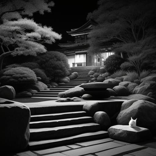 Zen Garden Moonlight: Black and White Japanese Photography