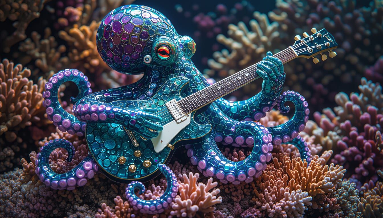 Octopus Sculpture of Sea Glass Playing Guitar