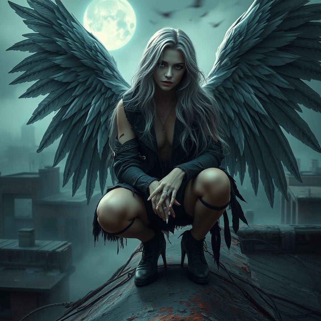 Dark Angel Rebel Sits on Rooftop, Smoking Cigarette, in Cybe...