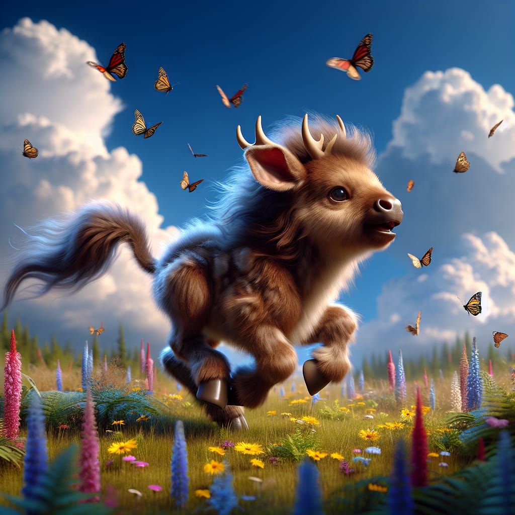 Hyperrealistic Moose Buffalo Deer Creature in Prairie