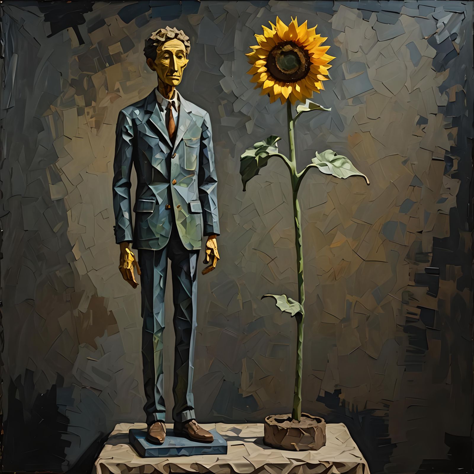 Giacometti-esque Sculpture Beside Sunflower, Impasto Paintin...