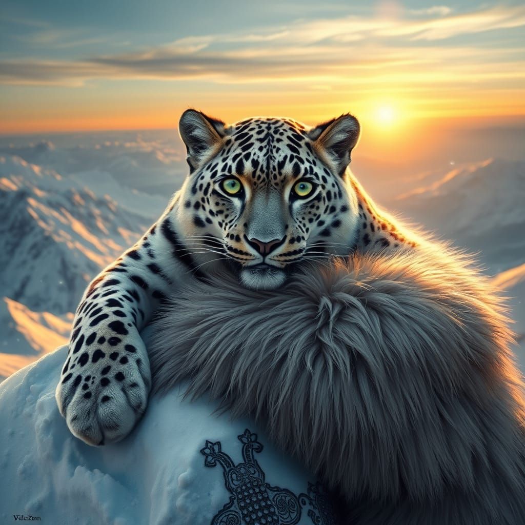 Snow Leopard on Mountain in Hyperrealistic Digital Art