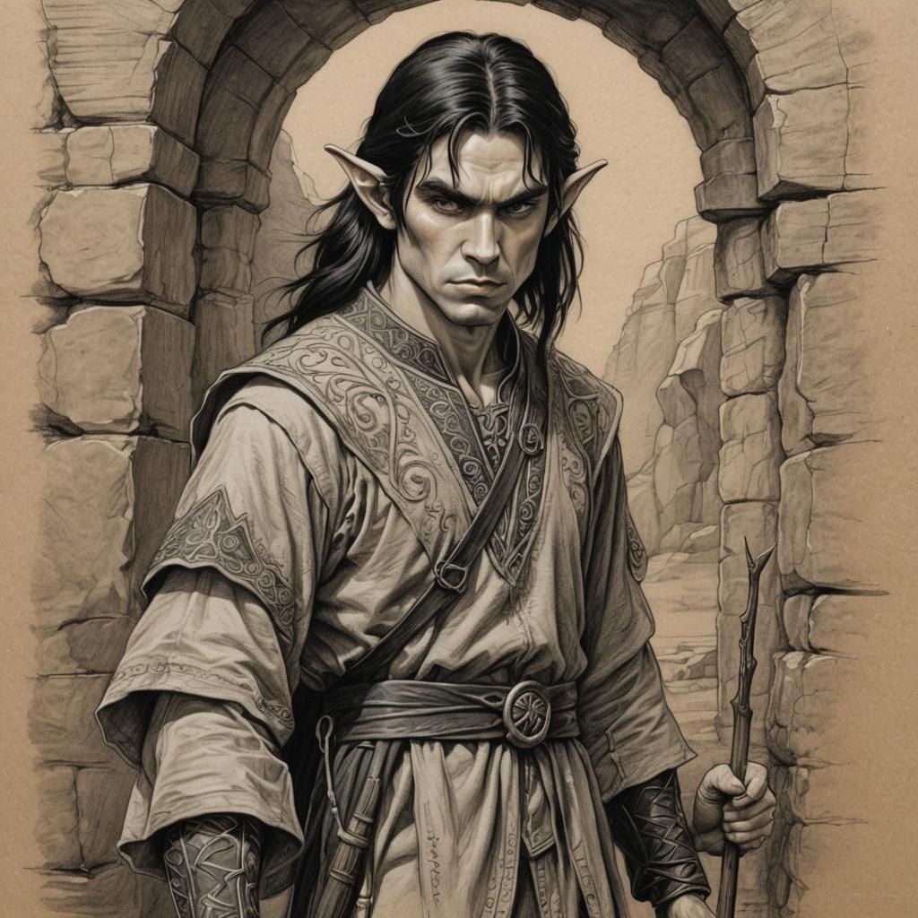 Detailed Charcoal Sketch of a Scowling Elf