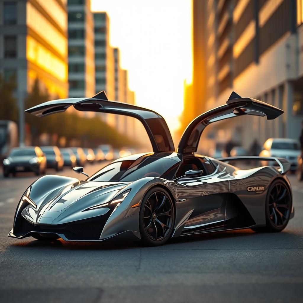 Futuristic Car on City Street at Sunset