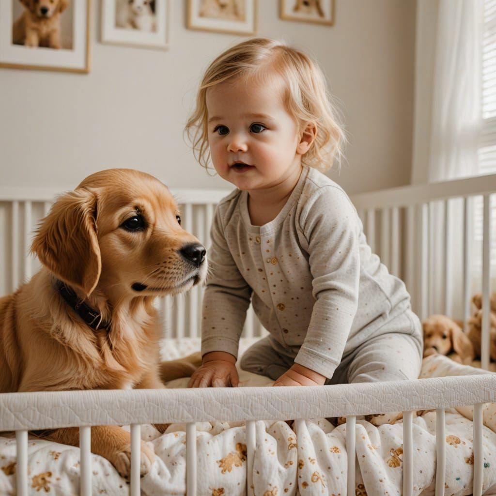 A toddler girl in her crib with a golden retriever puppy right next to her
