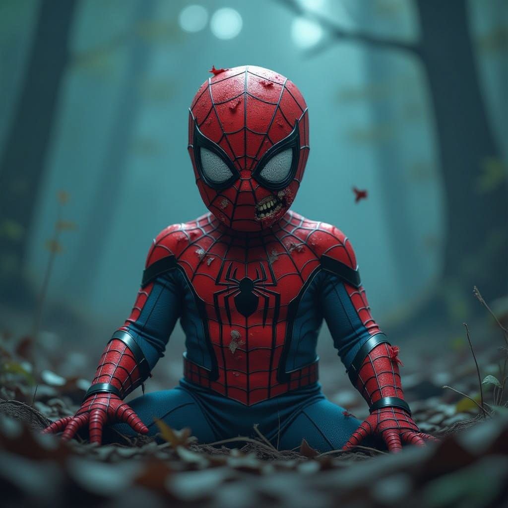 Dark Fantasy Zombie Spiderman in Tattered Superhero Suit