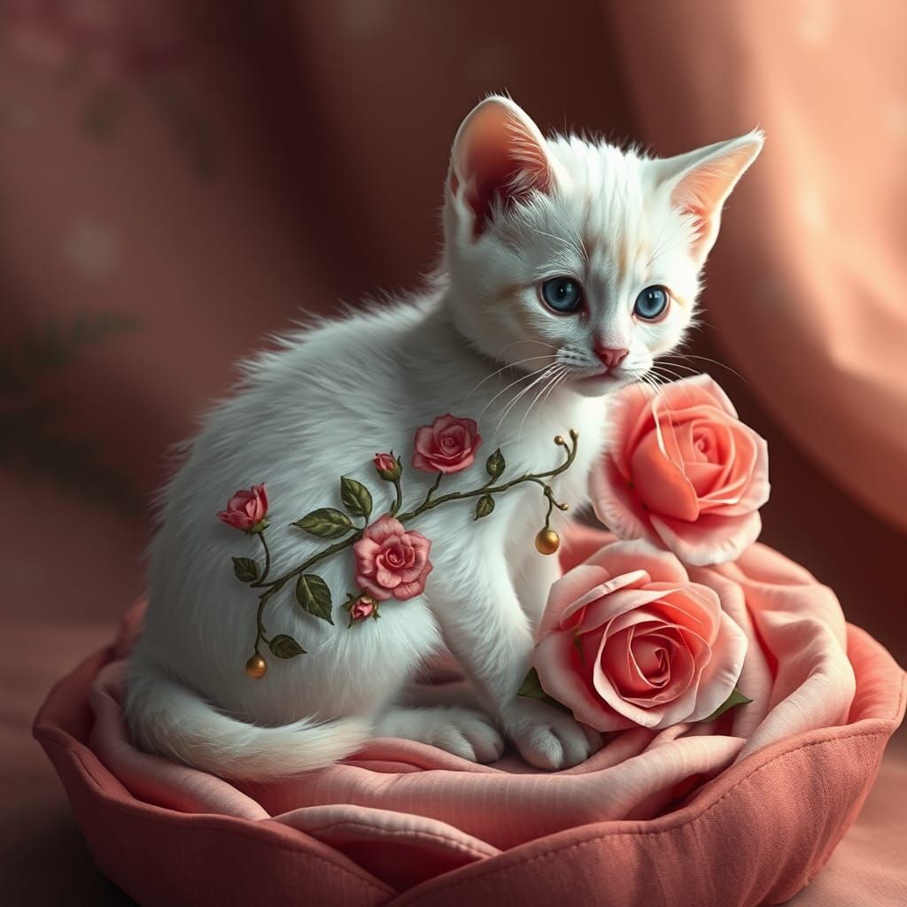 Kitten with Rose Design as Digital Art
