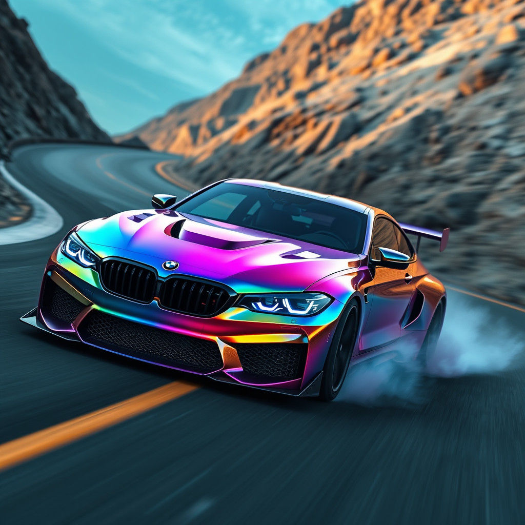 Rainbow BMW Drifting on Mountain Road in Matte Painting