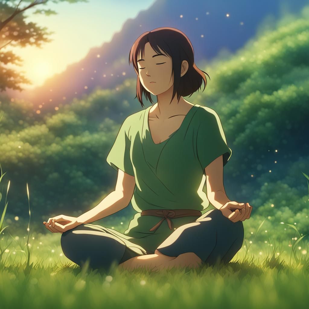 Woman Meditating at Sunrise in Anime Style