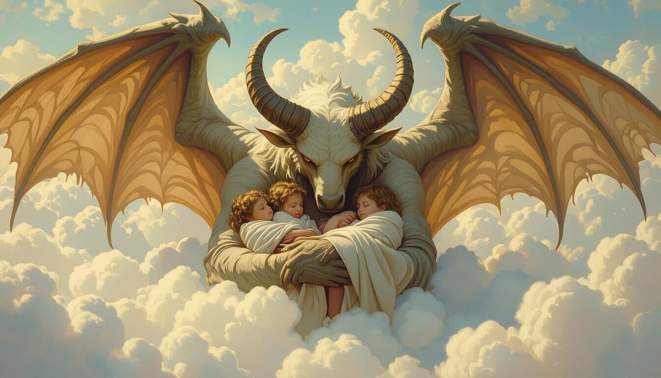 Winged Sky Beast Cradling Children: Ethereal Fantasy Art